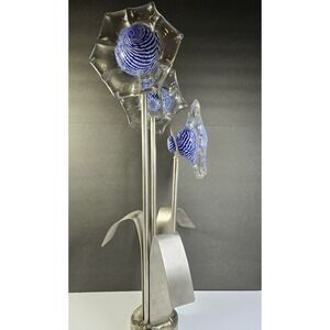 2ft Tall Hand Forged Stainless Steel Flower Stand W/ Handblown BlueGlass Flowers
